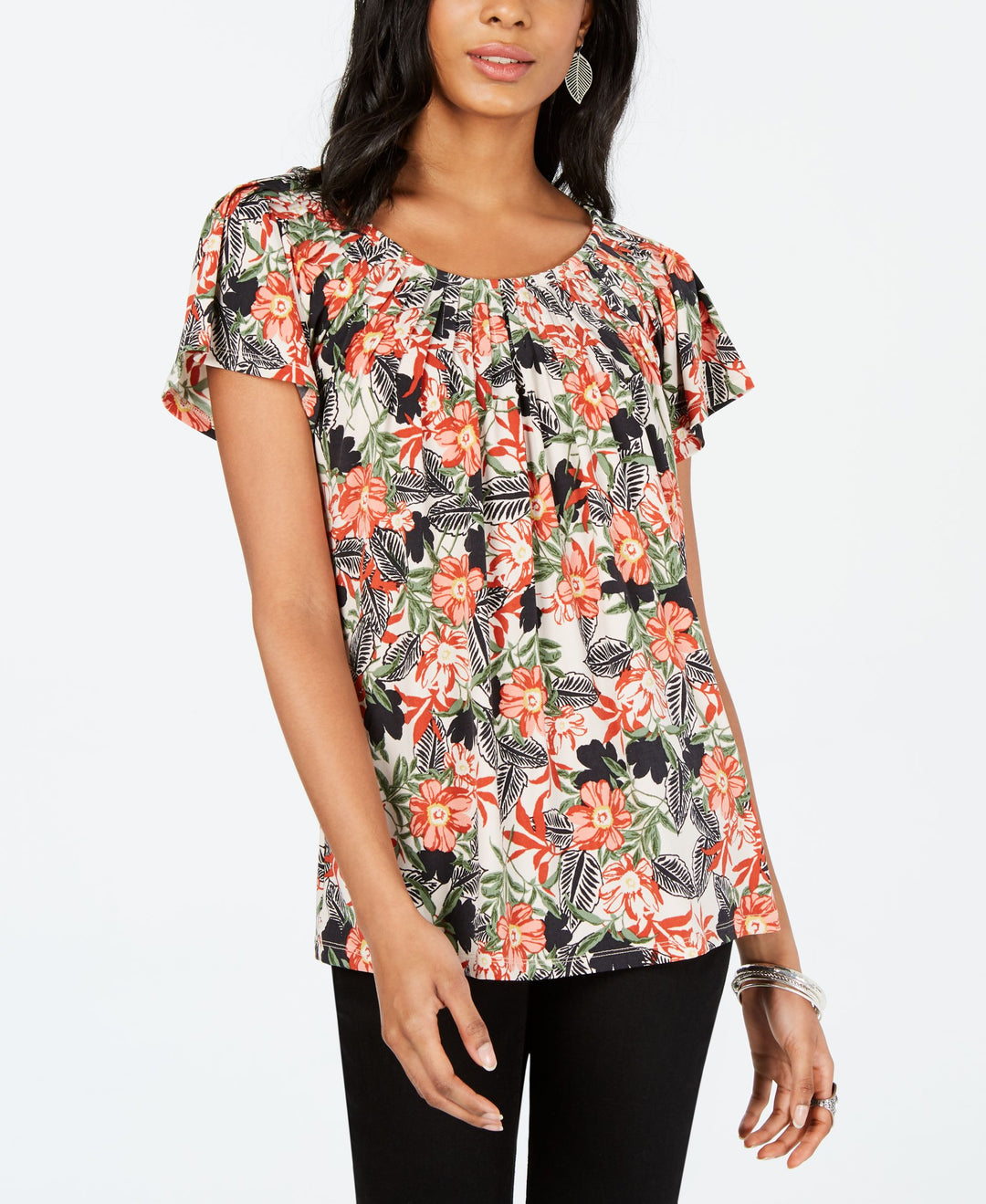 Style & Co Petite Printed Pleated Scoop Neck Top