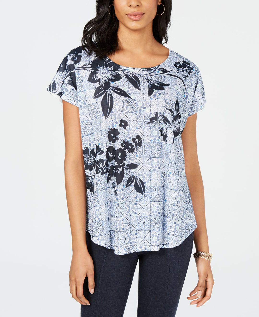 Style & Co Short Sleeve Printed Dolman Top