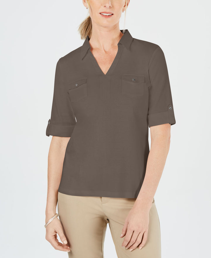 Cotton Cuffed Elbow-Sleeve Top