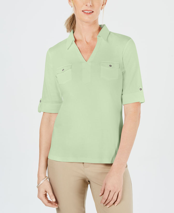 Cotton Cuffed Elbow-Sleeve Top