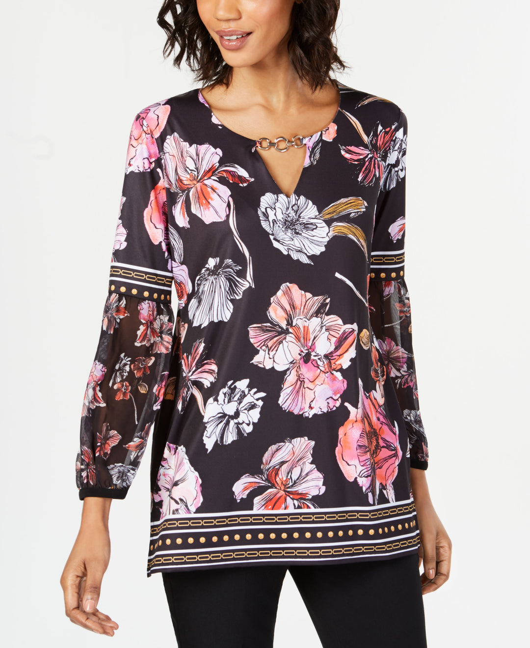 Floral-Print Keyhole Tunic