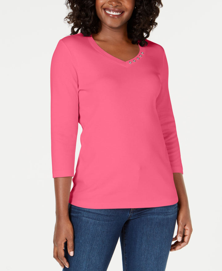 Karen Scott Cotton Button Trim Top