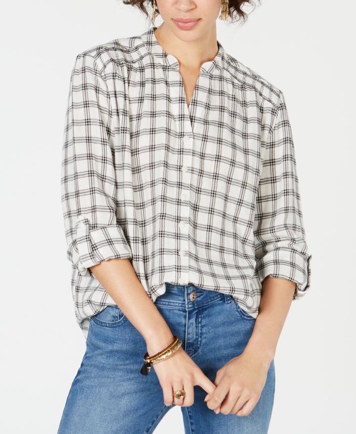 Cotton Smocked Plaid Button-Front Top