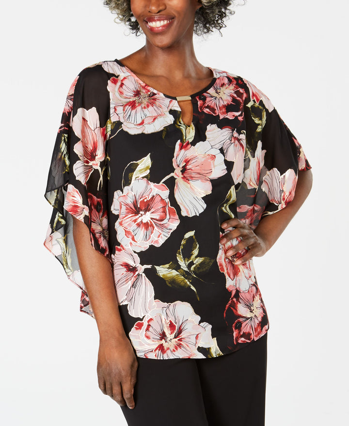 JM Collection Metallic Floral Keyhole Top