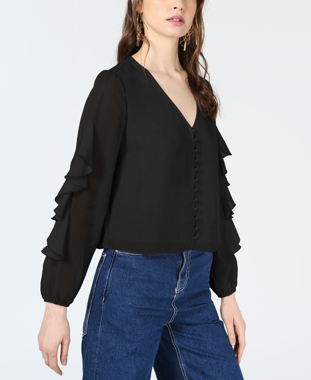 Ruffle-Sleeve Button-Up Top