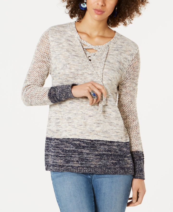 Pointelle-Sleeve Lace-Up Sweater