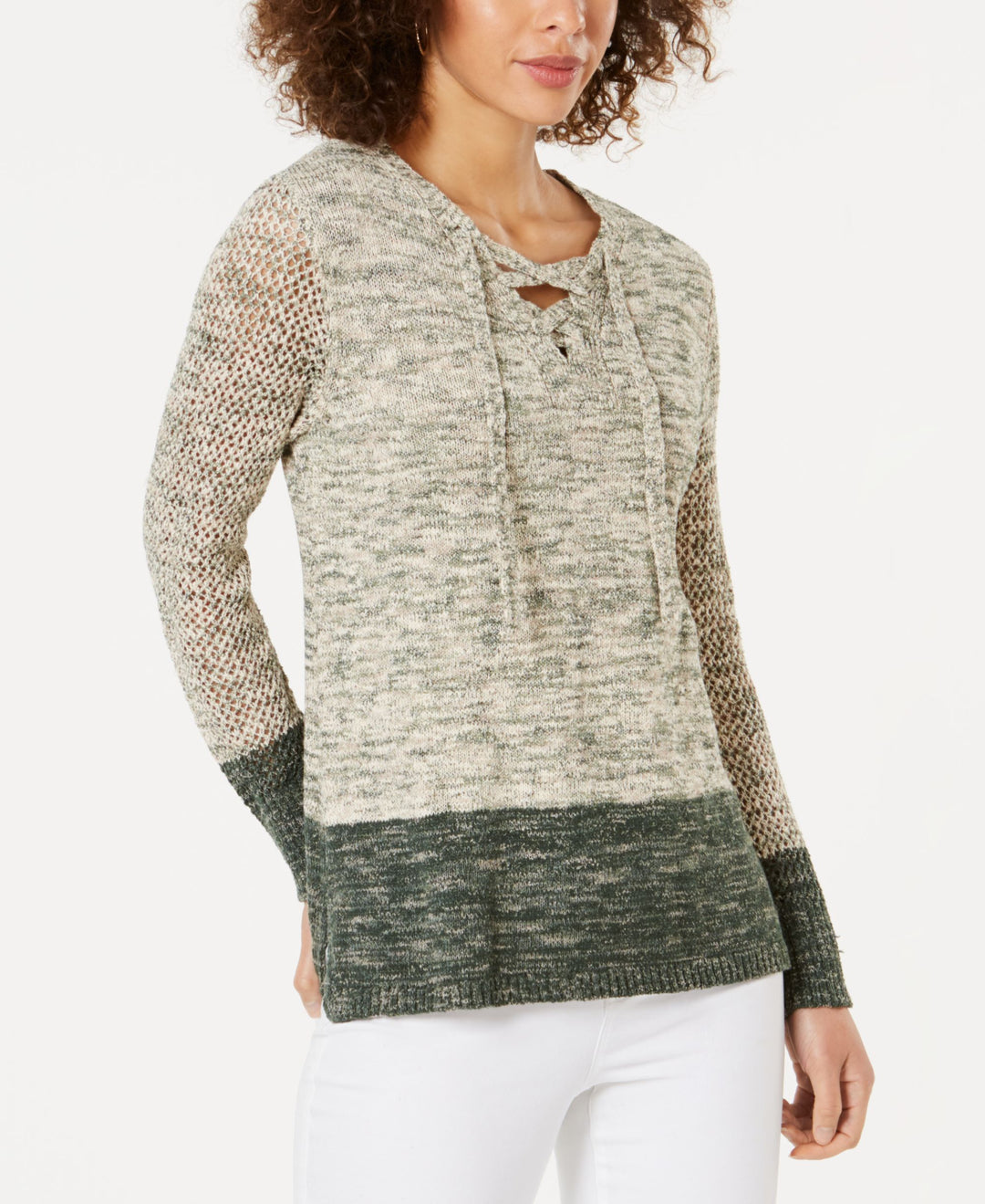 Pointelle-Sleeve Lace-Up Sweater