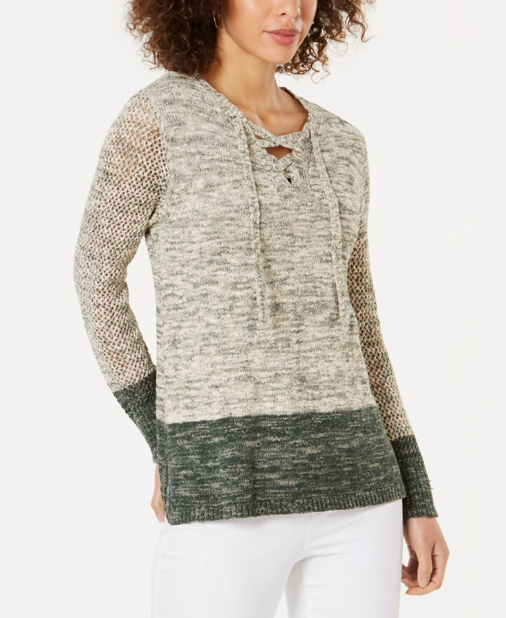 Pointelle-Sleeve Lace-Up Sweater
