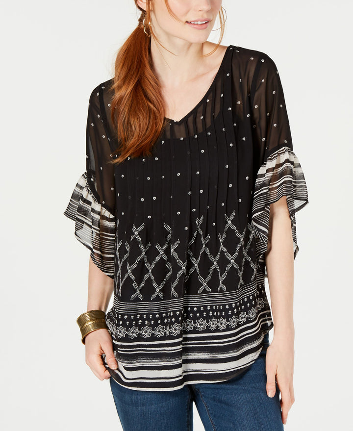 Retro Scarf-Print Pintuck-Pleat Top