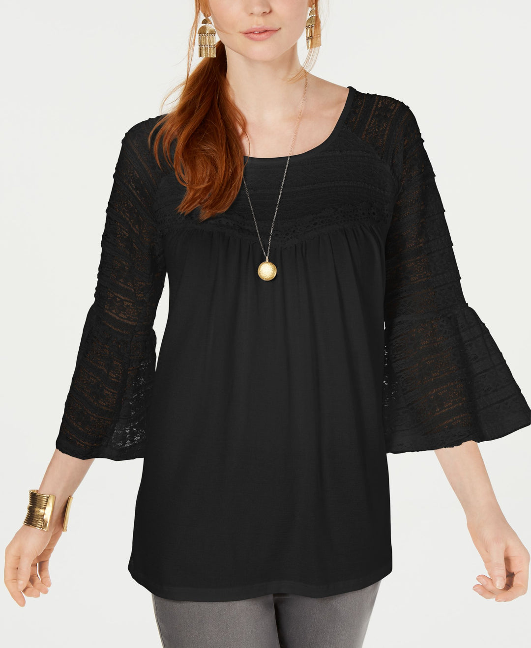 Lace Bell-Sleeve Scoop-Neck Top
