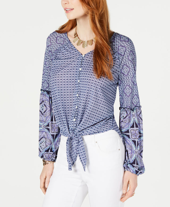 Mixed-Print Tie-Front Button-Up Top