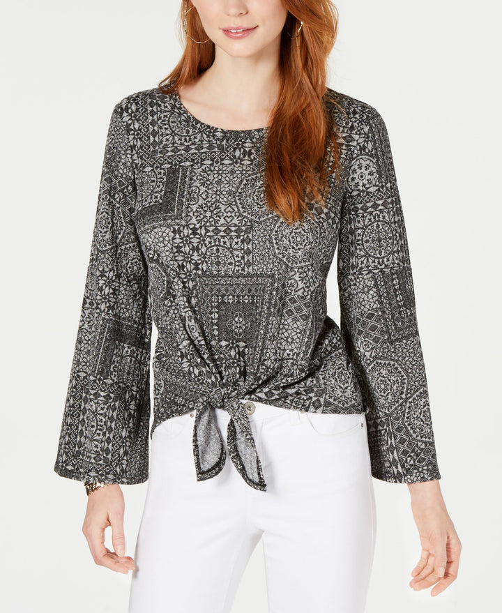 Tie-Front Lantern-Sleeve Top
