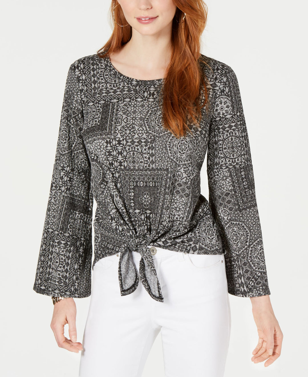 Tie-Front Lantern-Sleeve Top