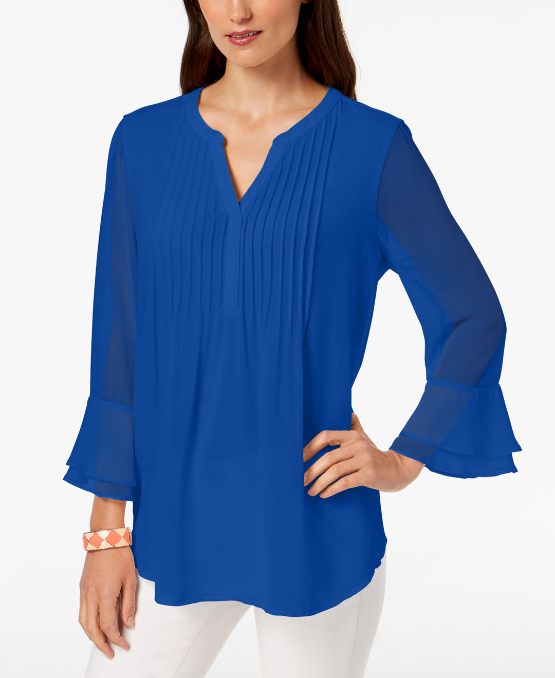 Charter Club Double Ruffle Solid Pintuck Top