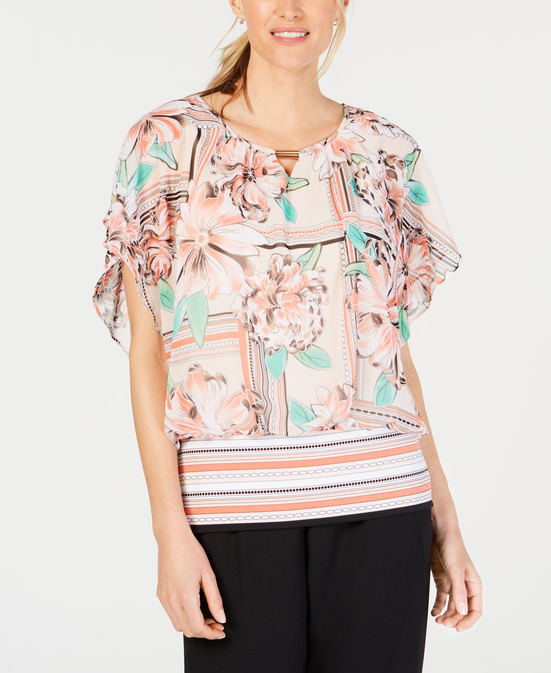 JM Collection Petite Printed Banded Blouson Top
