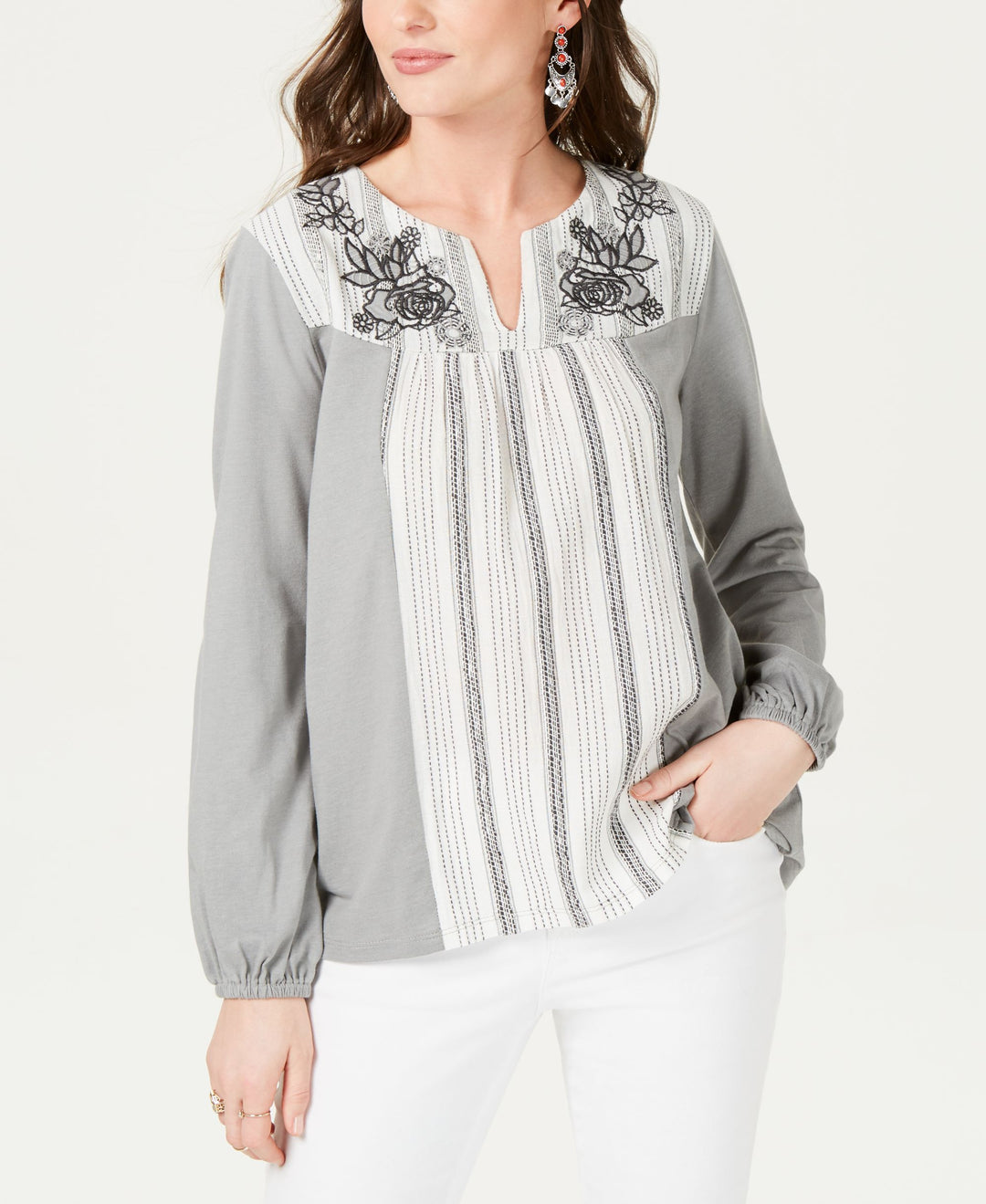 Style & Co Striped Embroidered Split Neck Top