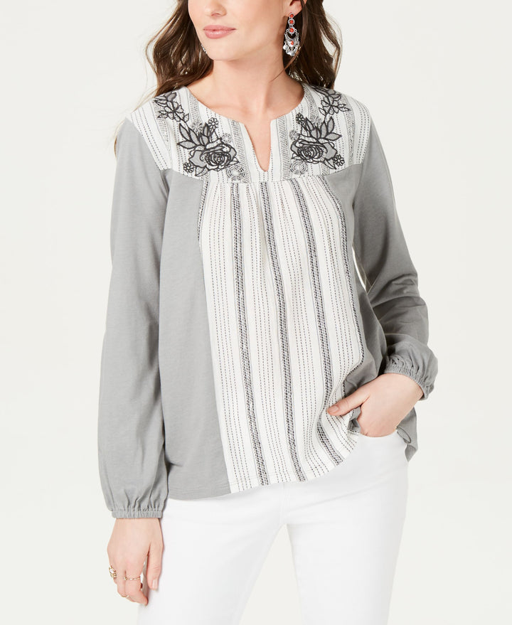 Style & Co Striped Embroidered Split Neck Top