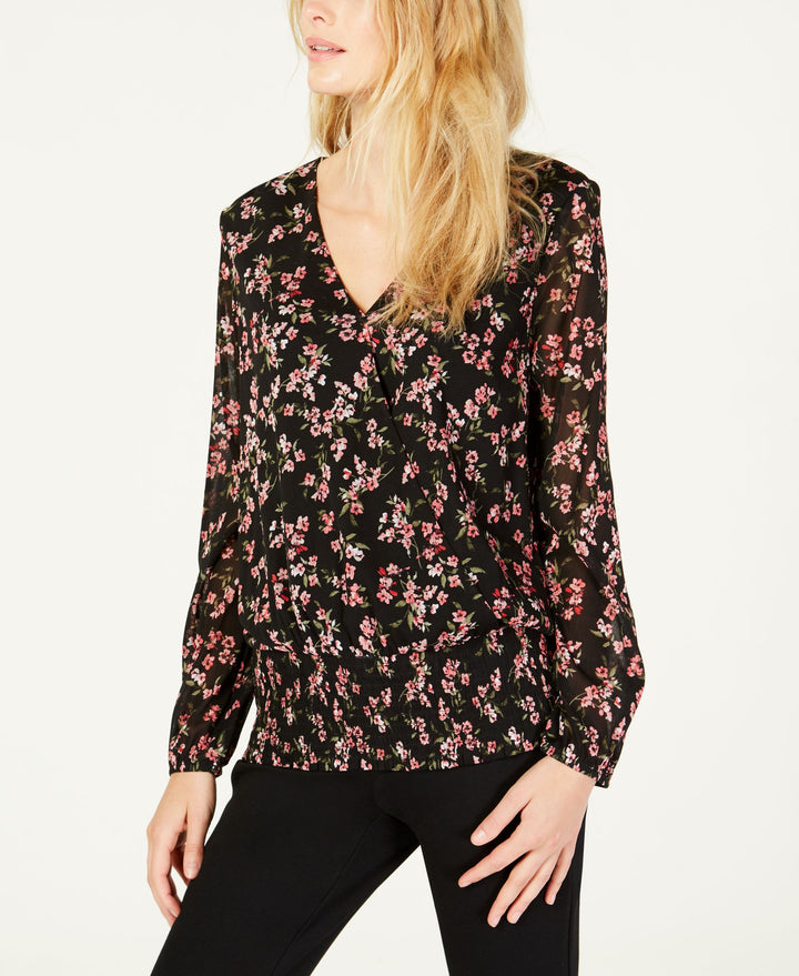 Printed Surplice Smocked Waist Top