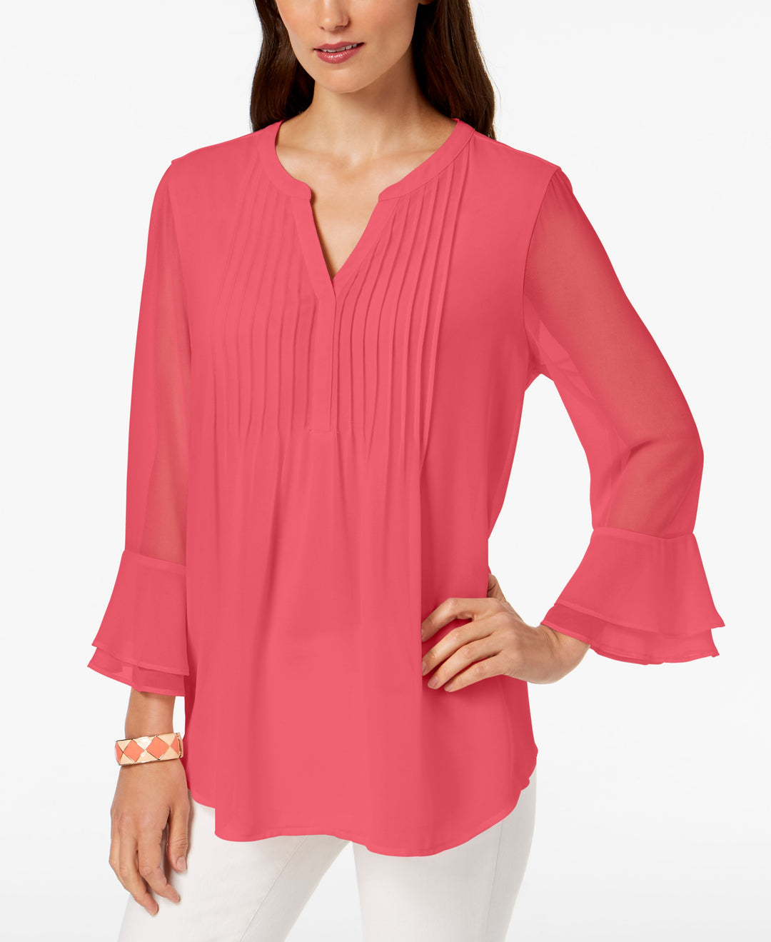 Charter Club Double Ruffle Solid Pintuck Top