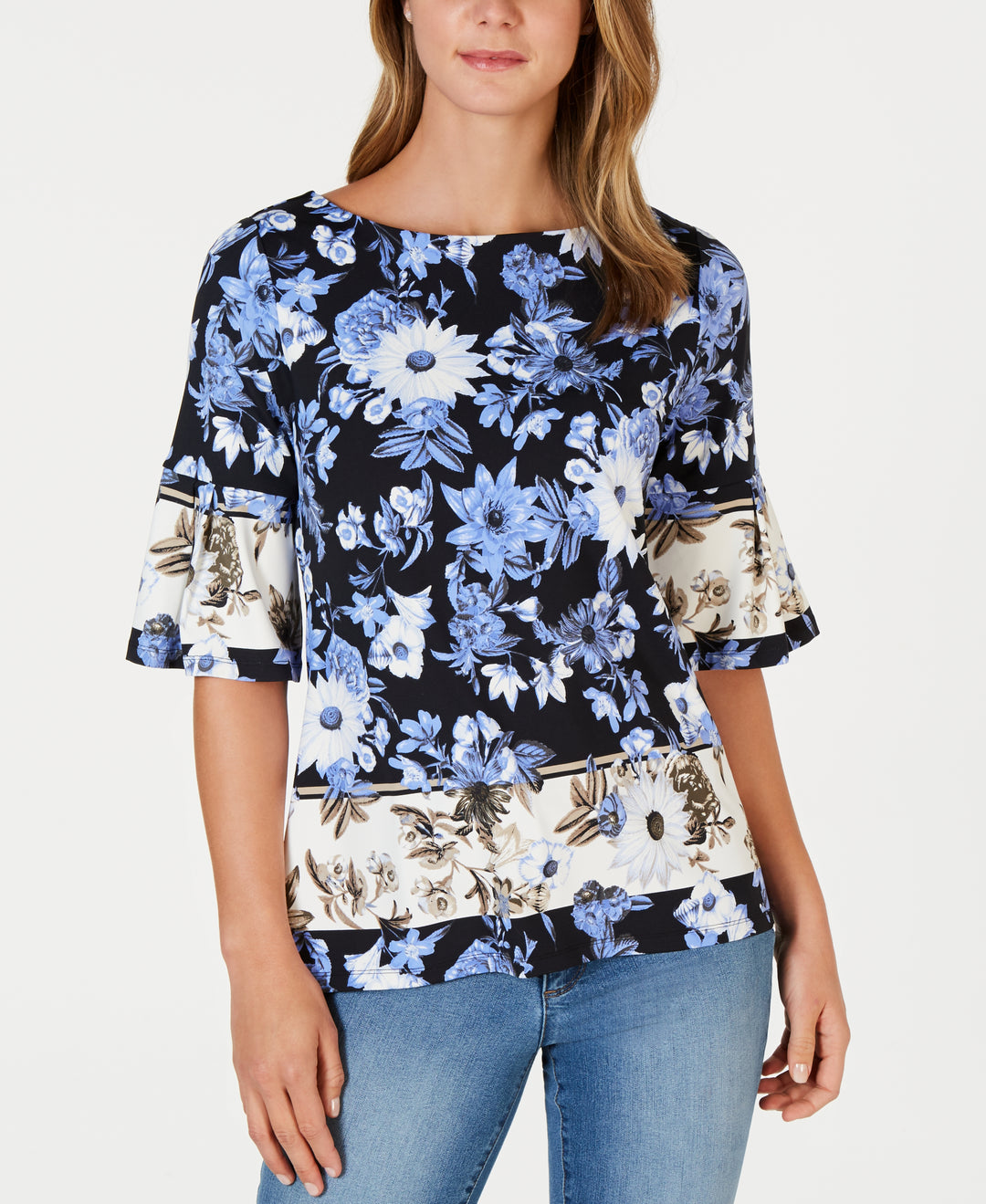 Charter Club Floral-Print Ruffled-Sleeve Top (Blue Star Combo, S)