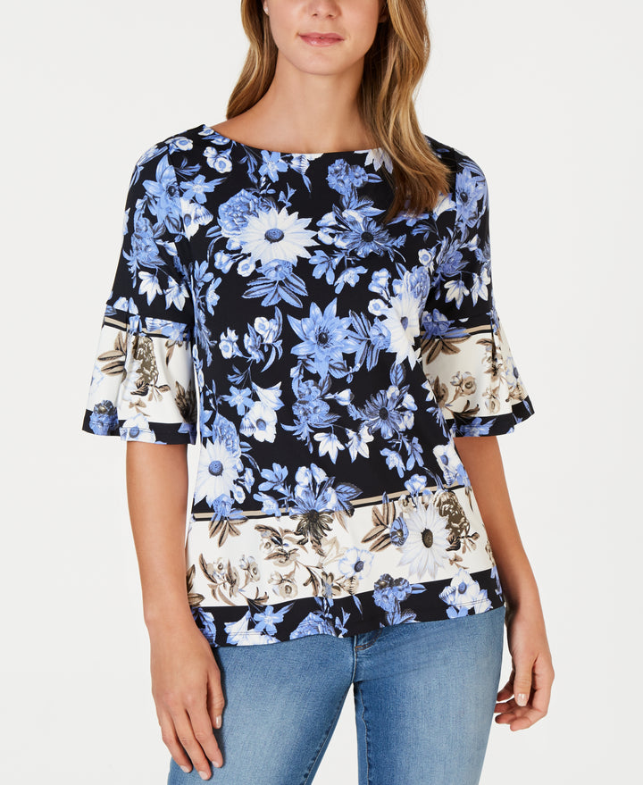 Charter Club Floral-Print Ruffled-Sleeve Top (Blue Star Combo, S)