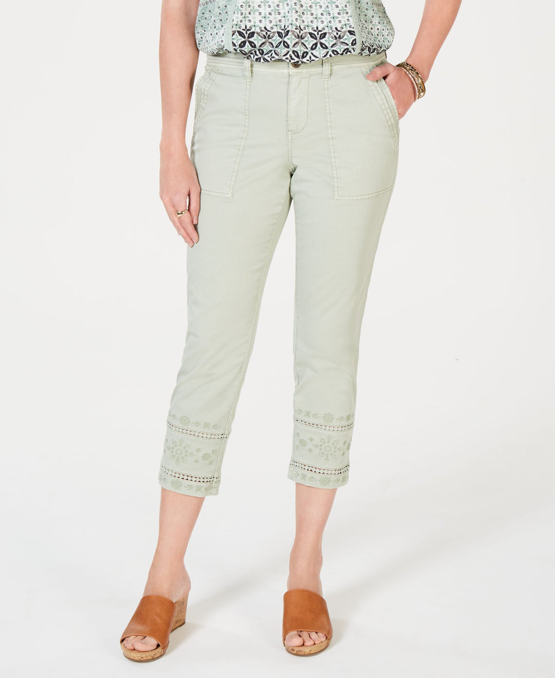 Embroidered-Hem Capri Pants