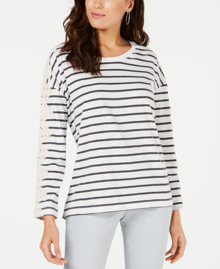 Style & Co Striped Lace Trim Top