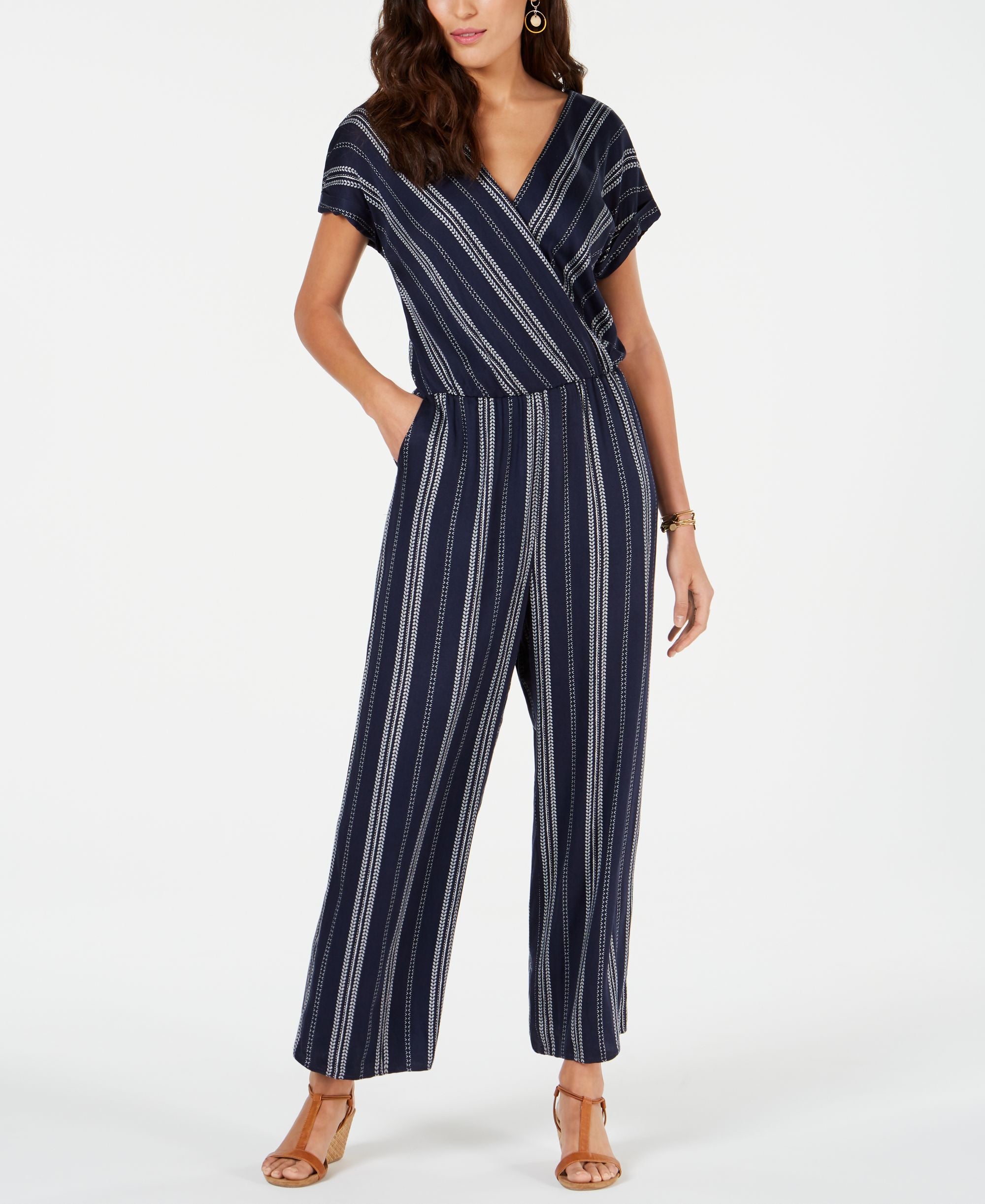 Style & Co Striped V Neck Jumpsuit