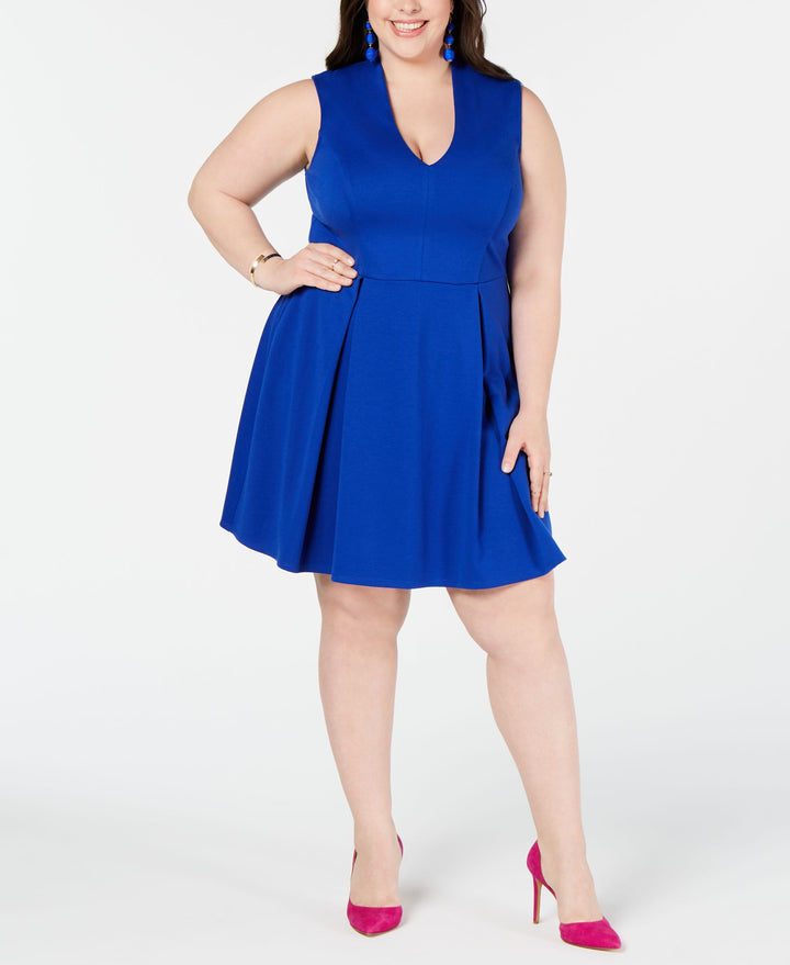 City Studios Trendy Plus Size Plunge Neck Skater Dress