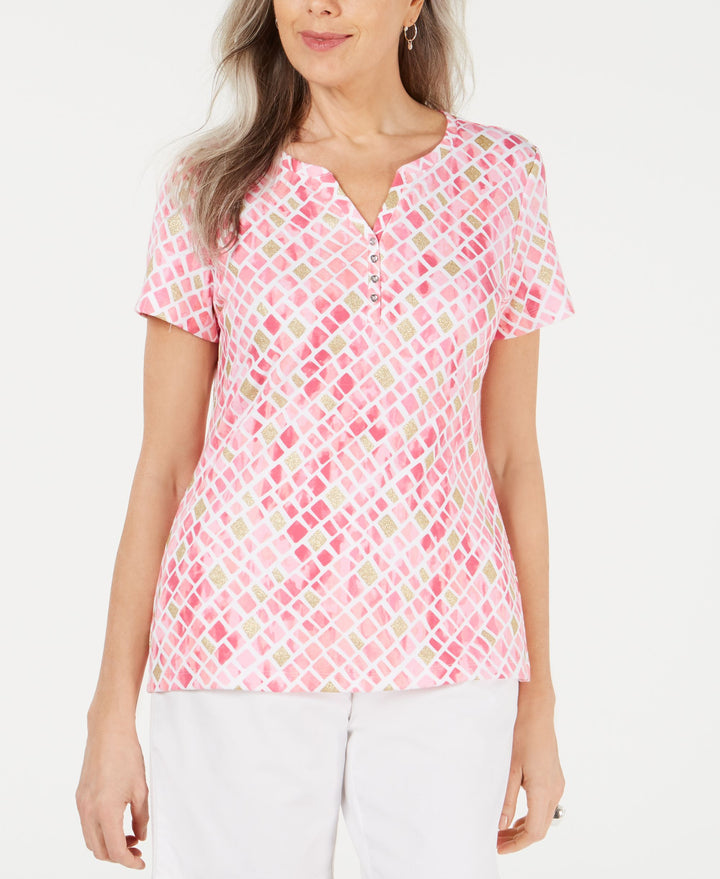 Karen Scott Metallic Printed Henley T-Shirt
