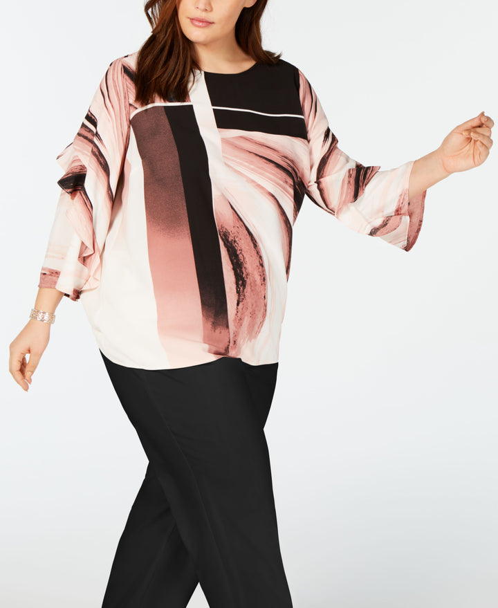 Plus Size Printed Flounce-Sleeve Blouse