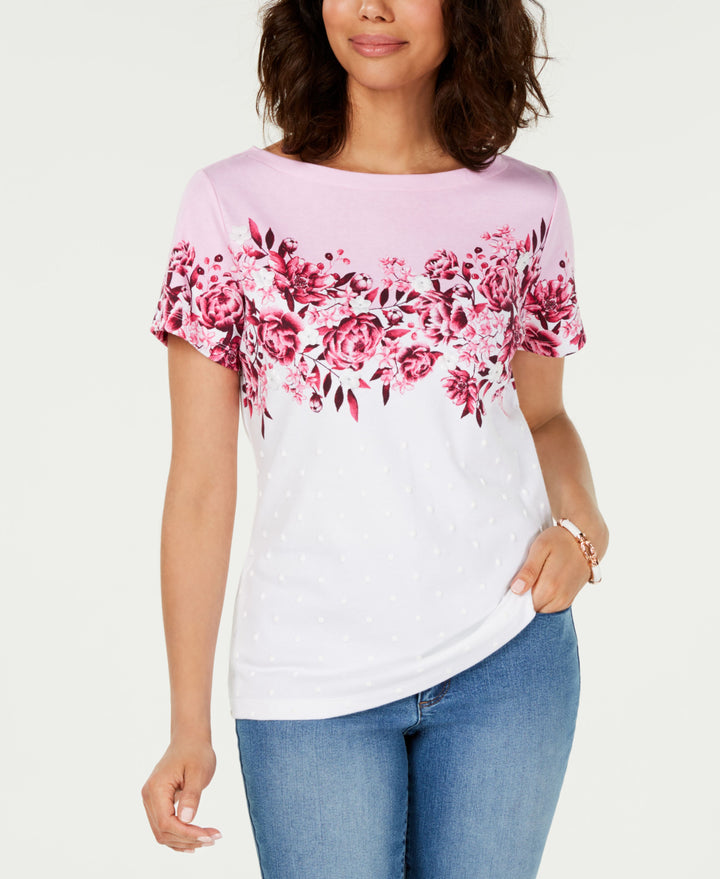 Karen Scott Floral Print Applique Boat Neck T-Shirt