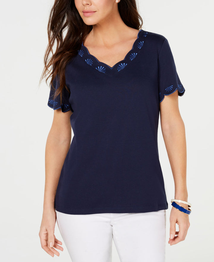 Karen Scott Cotton Embroidered Scalloped T-Shirt