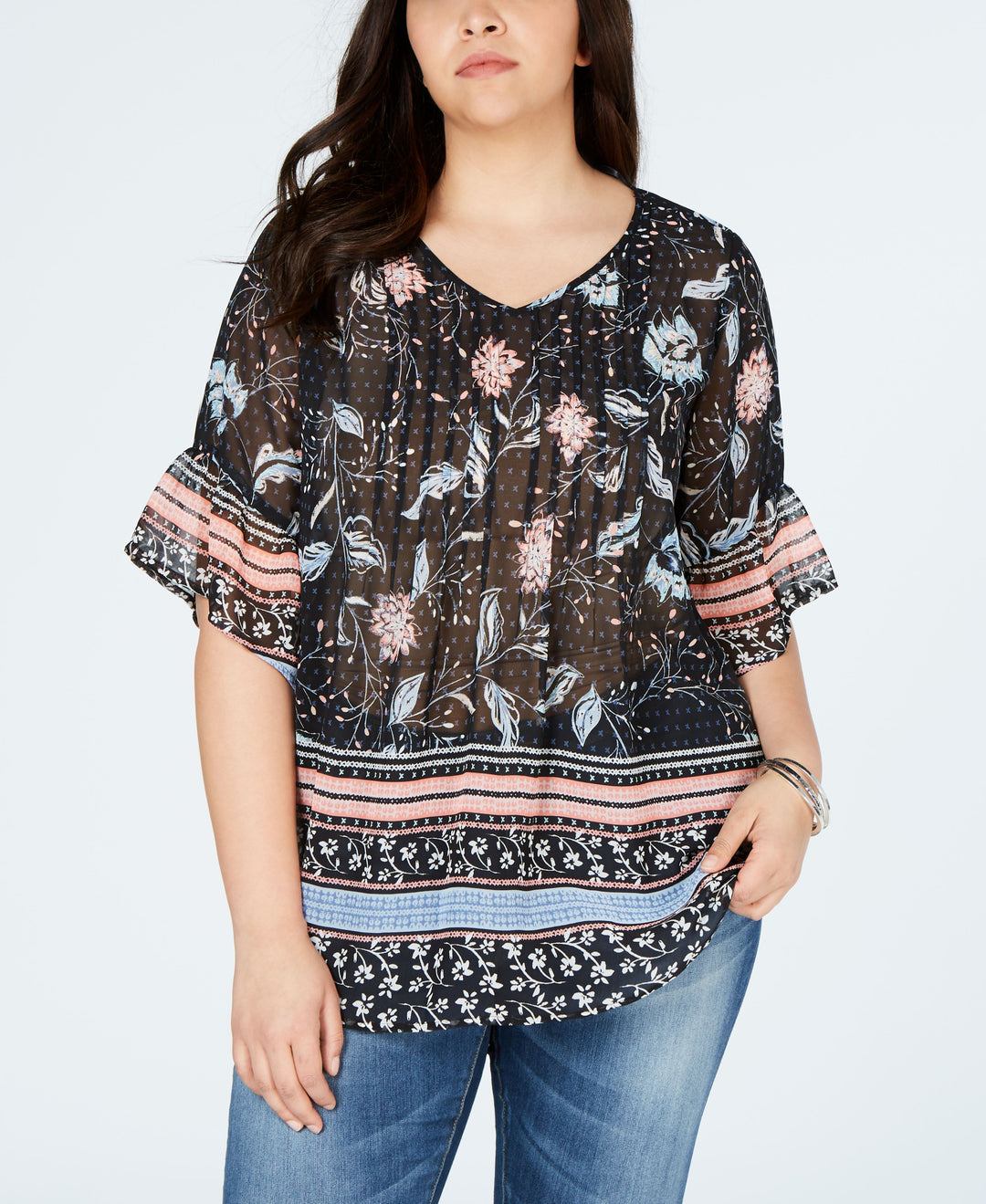 Plus Size Printed Pintucked Blouse