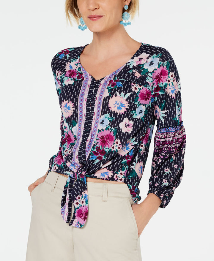 Printed Tie-Front Top