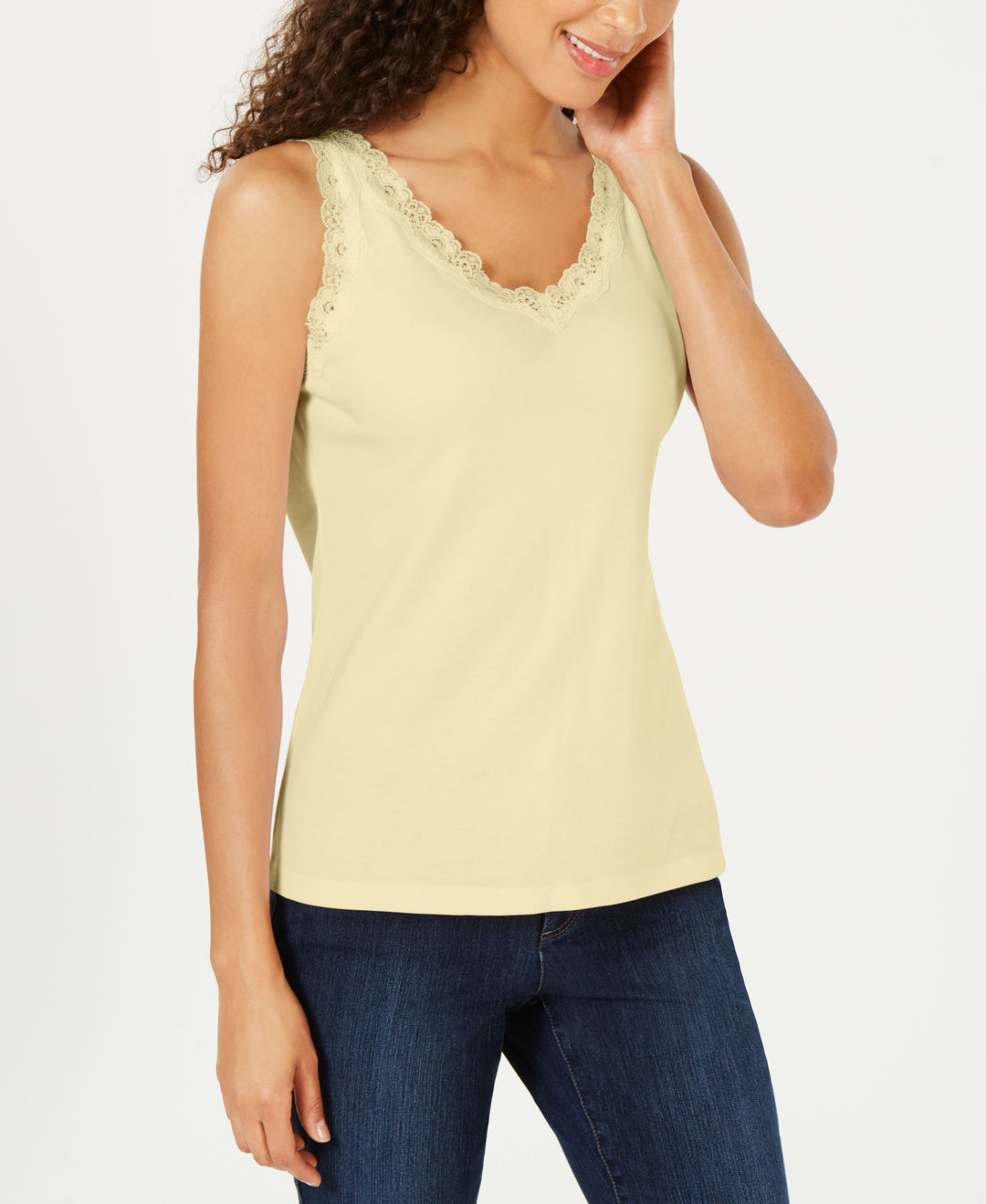 Karen Scott Petite Cotton Lace Trim Top