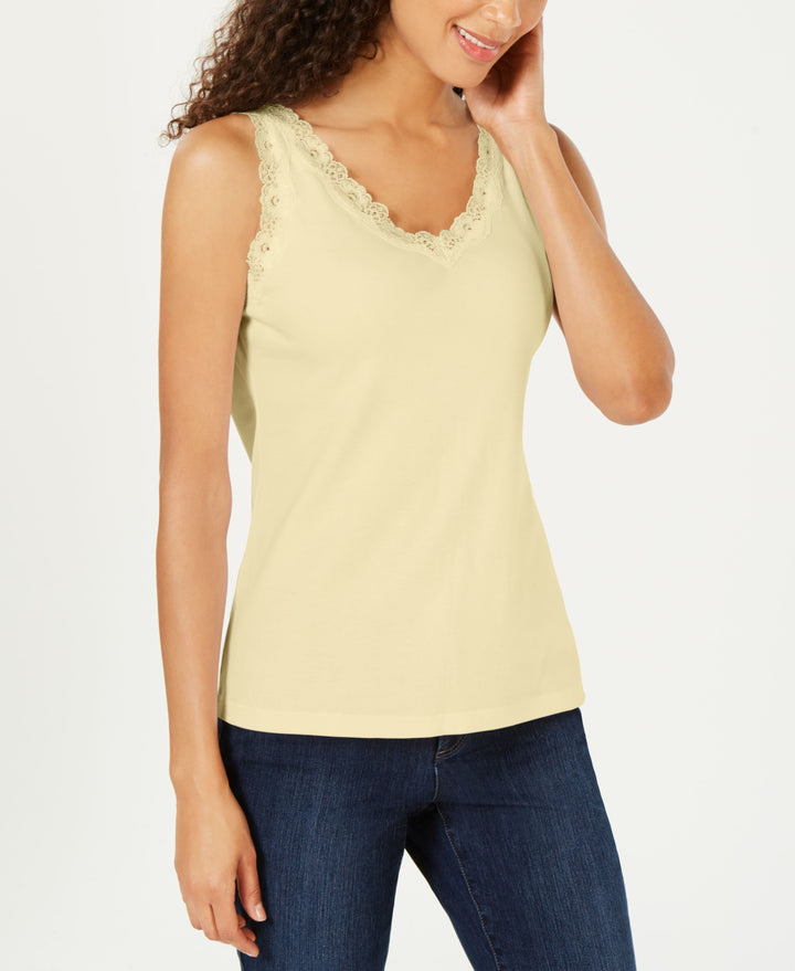 Karen Scott Petite Cotton Lace Trim Top