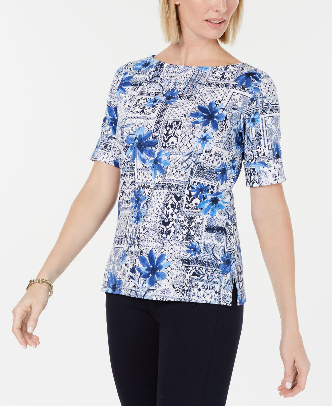 Karen Scott Patchwork Print Boatneck Top