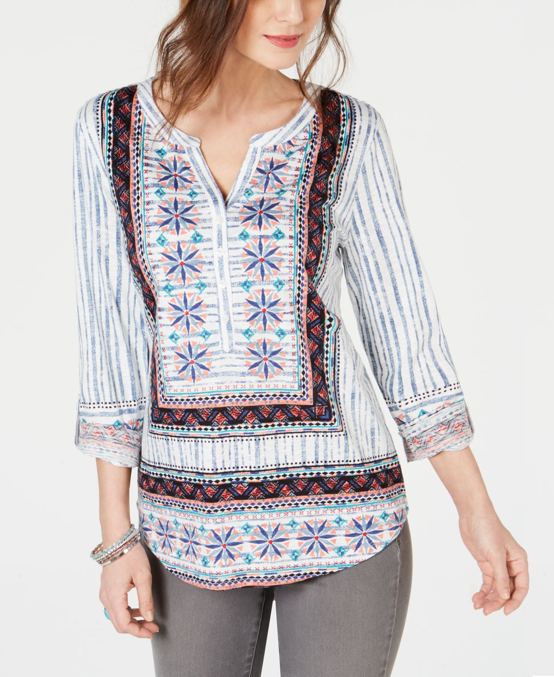 Style & Co Mixed Print Roll Tab Sleeve Top