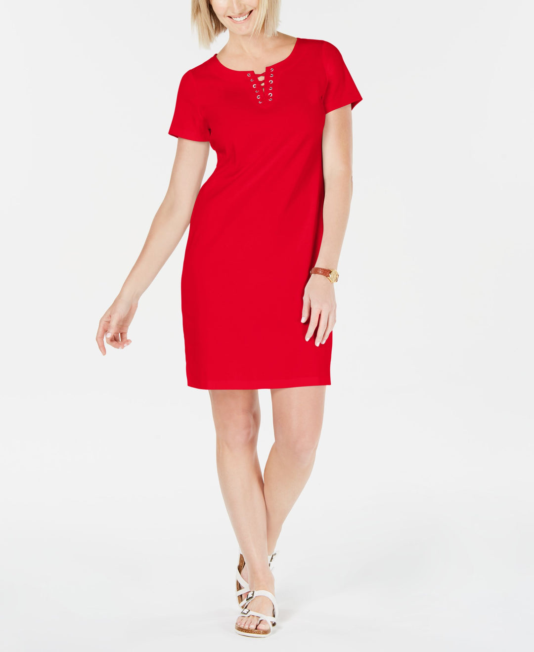 Karen Scott Cotton Lace Up Shift Dress – USAFashion