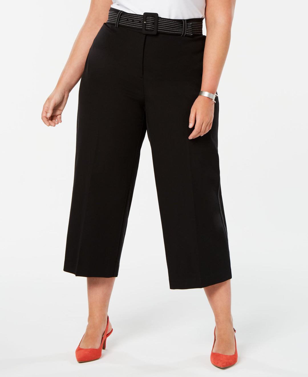 Alfani Plus Size Belted Wide Leg Cropped Tummy Control Pants