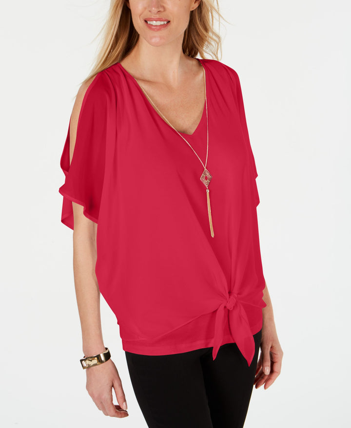 JM Collection Tie Front Necklace Blouse