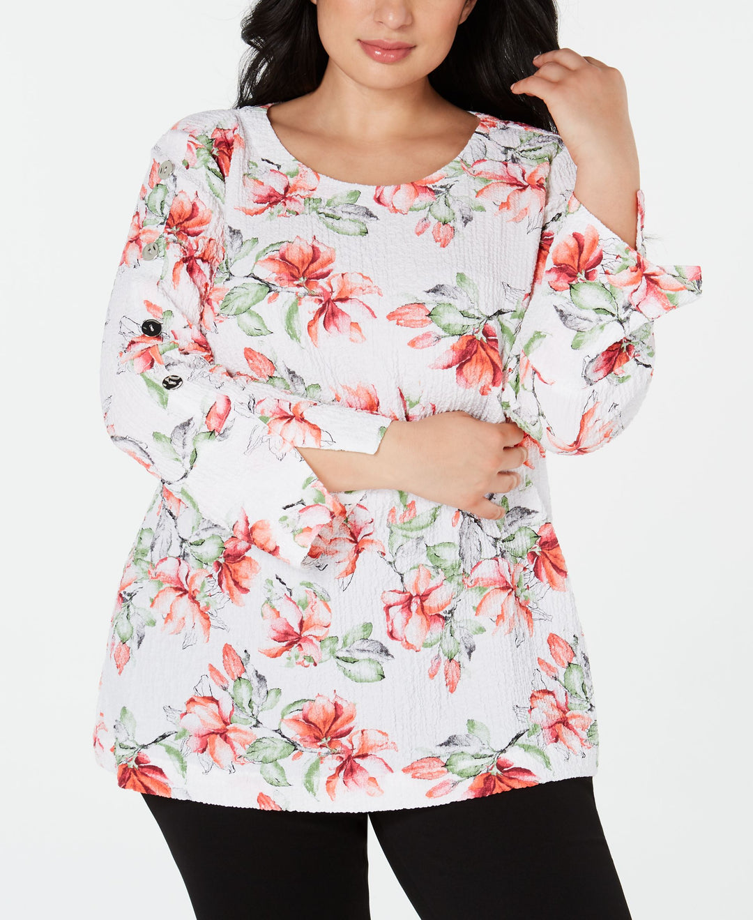 JM Collection Plus Size Textured Printed Button Sleeve Top