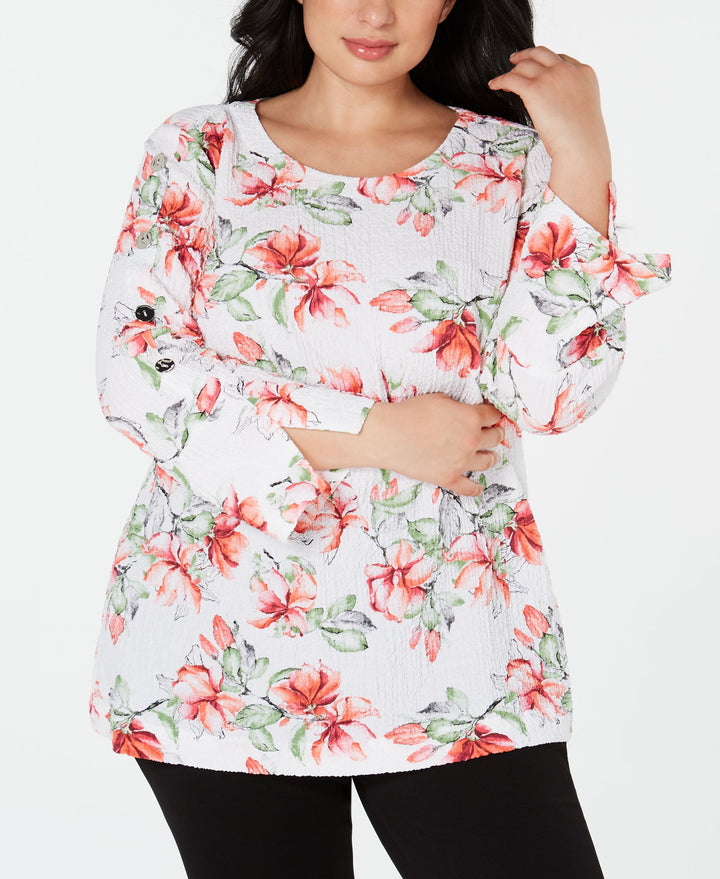 JM Collection Plus Size Textured Printed Button Sleeve Top
