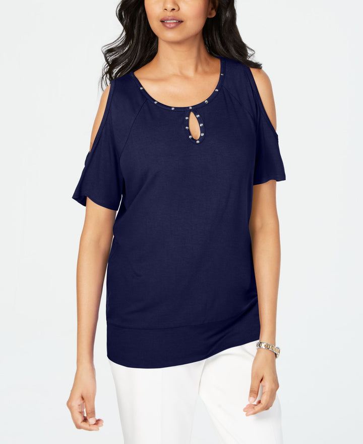 Petite Studded Cold-Shoulder Keyhole Top