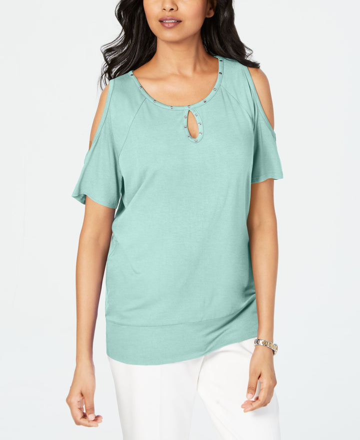 Petite Studded Cold-Shoulder Keyhole Top