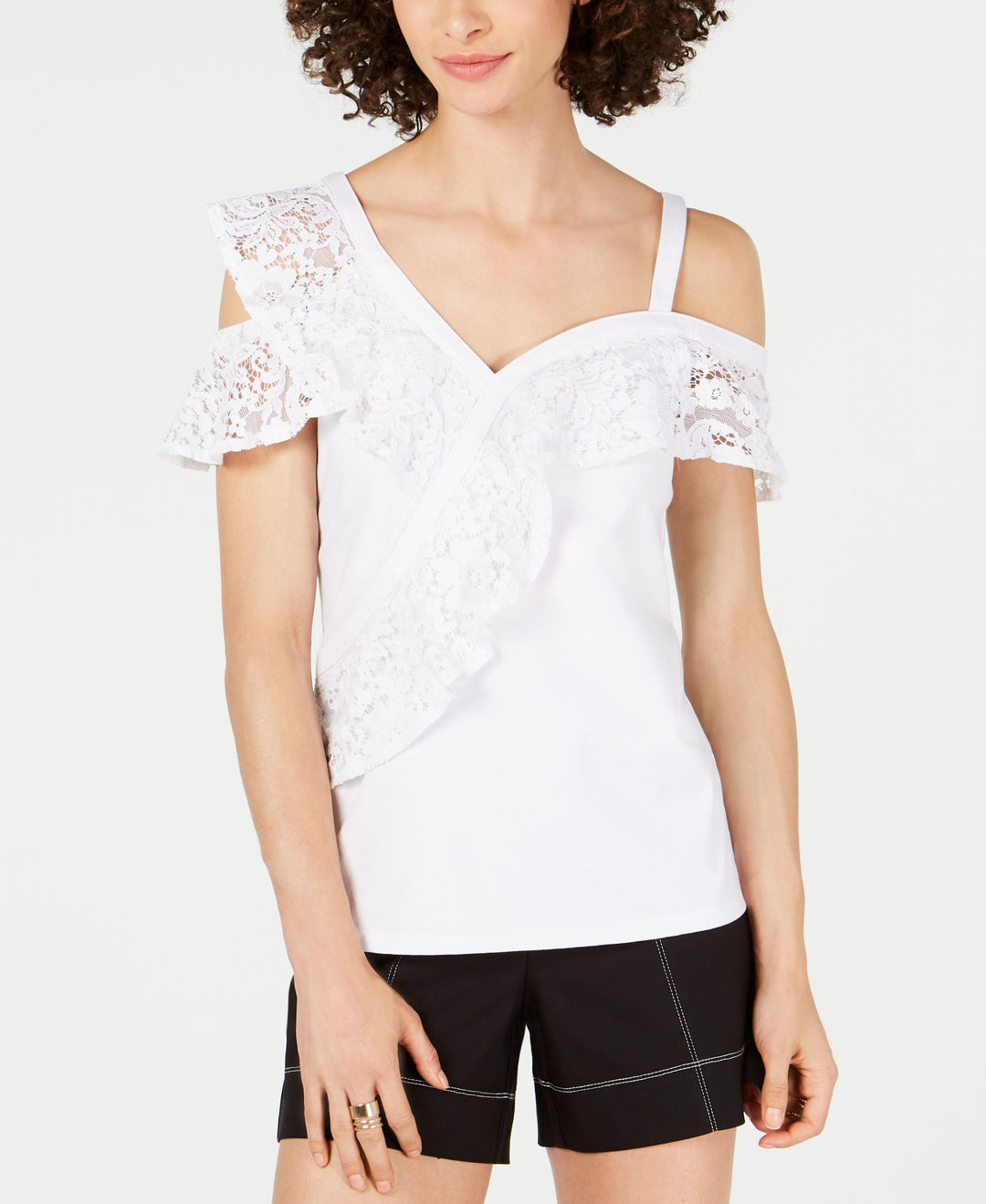 Lace Ruffle Cold Shoulder Top
