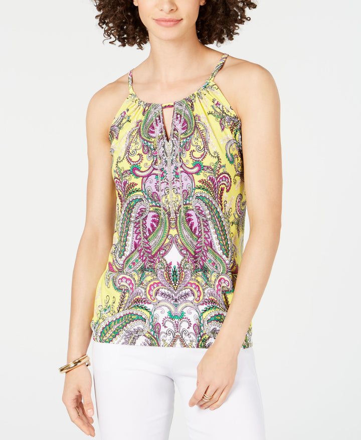 Petite Embellished Keyhole Neck Printed Top