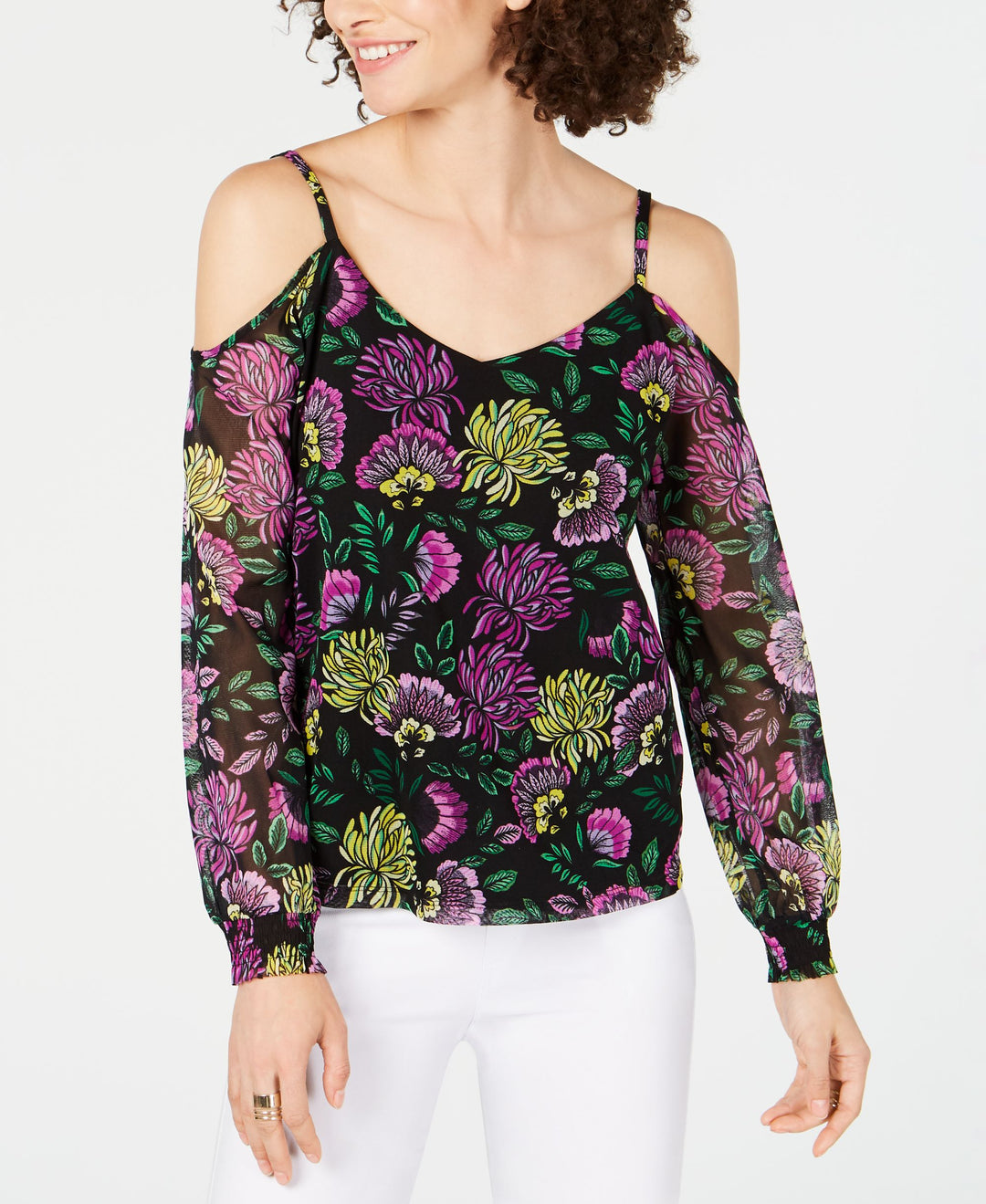 Petite Smocked Cold Shoulder Top