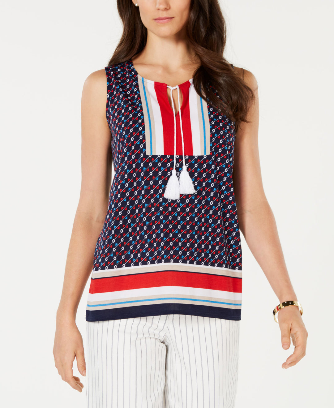 Charter Club Printed Tassel Tie Sleeveless Top
